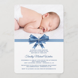 Blue Ribbon Photo Baptism Invitation Kaart