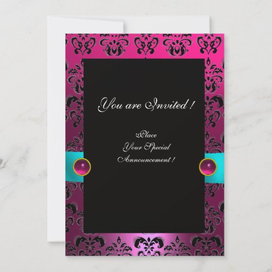 BLUE RIBBON PINK FUCHSIA BLACK DAMASK MONOGRAM KAART (Achterkant)