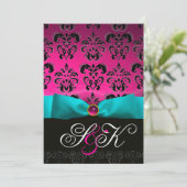BLUE RIBBON PINK FUCHSIA BLACK DAMASK MONOGRAM KAART (Staand voorkant)