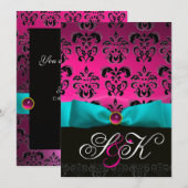 BLUE RIBBON PINK FUCHSIA BLACK DAMASK MONOGRAM KAART (Voorkant / Achterkant)