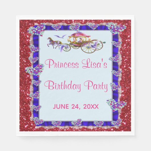 Blue Ribbon Red Glitter Royal Princess Birthday Servet (Voorkant)