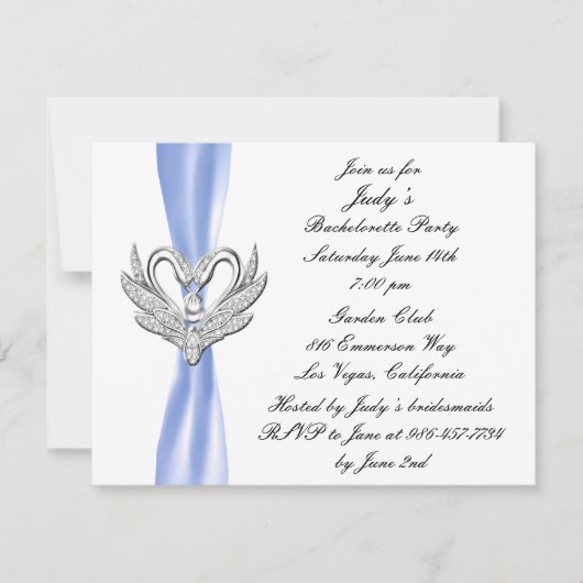 Blue Ribbon Silver Swans Bachelorette Party Invite Kaart (Voorkant)