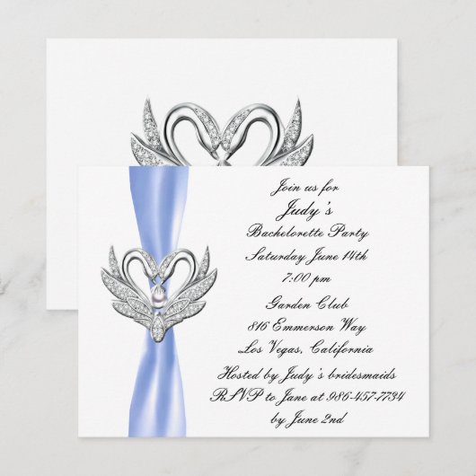 Blue Ribbon Silver Swans Bachelorette Party Invite Kaart (Voorkant / Achterkant)