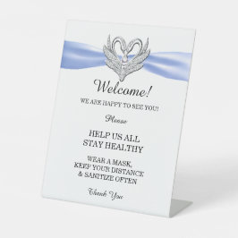 Blue Ribbon Silver Swans Wedding Safety Reclamebord Met Voetstuk