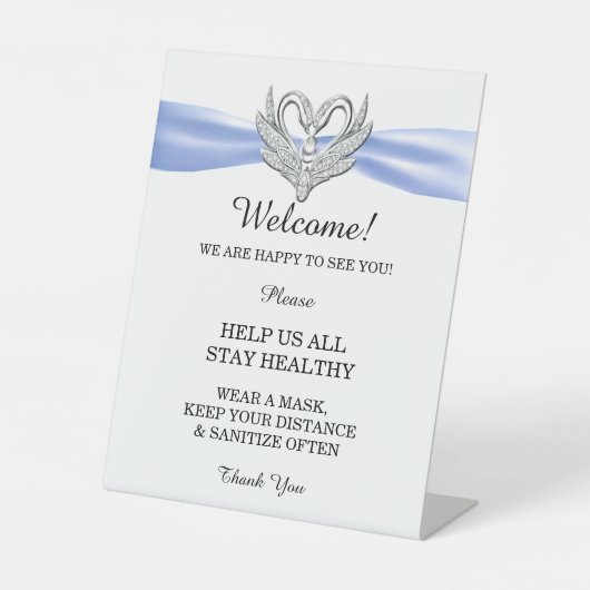 Blue Ribbon Silver Swans Wedding Safety Reclamebord Met Voetstuk (Voorkant)
