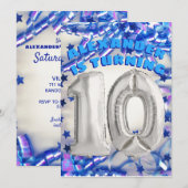 Blue Ribbon & Stars Confetti 10th Birthday Party Kaart (Voorkant / Achterkant)