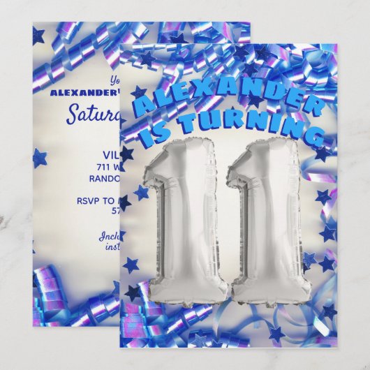 Blue Ribbon & Stars Confetti 11e verjaardagsfeestj Kaart (Voorkant / Achterkant)
