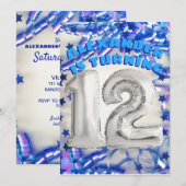 Blue Ribbon & Stars Confetti 12th Birthday Party Kaart (Voorkant / Achterkant)