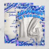 Blue Ribbon & Stars Confetti 14th Birthday Party Kaart (Voorkant / Achterkant)