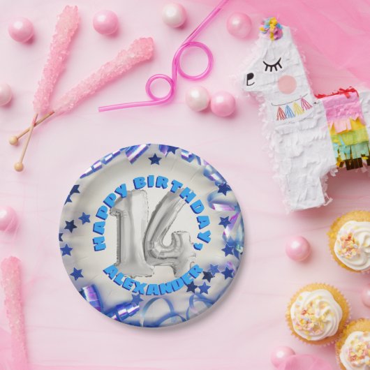 Blue Ribbon & Stars Confetti 14th Birthday Party Papieren Bordje (Feest)