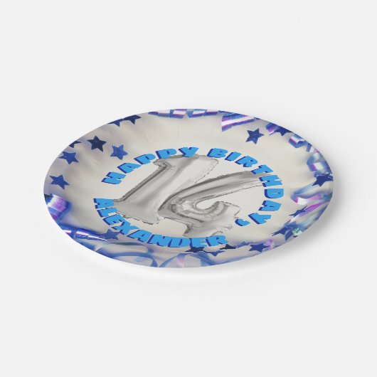 Blue Ribbon & Stars Confetti 14th Birthday Party Papieren Bordje (Gekanteld)