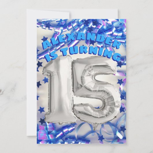 Blue Ribbon & Stars Confetti 15e verjaardagsfeest Kaart (Voorkant)