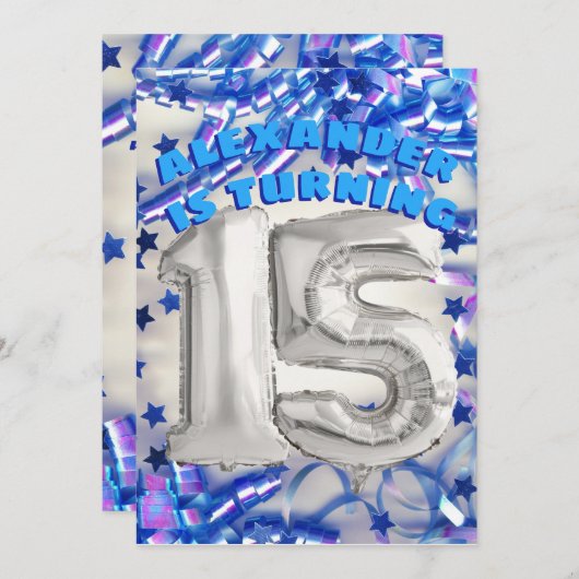 Blue Ribbon & Stars Confetti 15e verjaardagsfeest Kaart (Voorkant / Achterkant)
