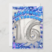 Blue Ribbon & Stars Confetti 16th Birthday Party Kaart (Voorkant)