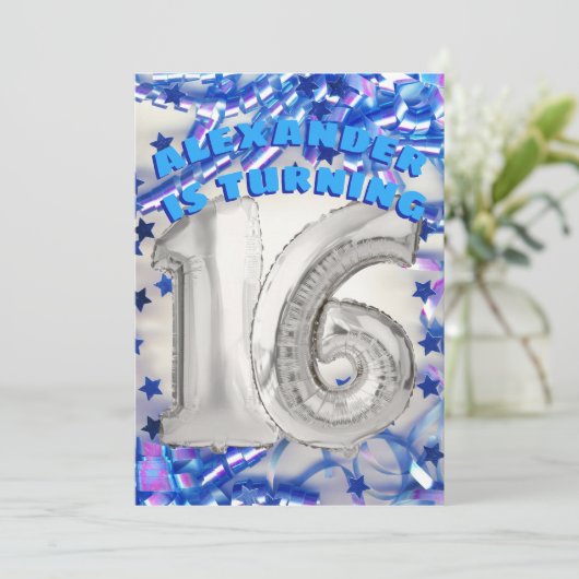 Blue Ribbon & Stars Confetti 16th Birthday Party Kaart (Staand voorkant)