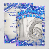 Blue Ribbon & Stars Confetti 16th Birthday Party Kaart (Voorkant / Achterkant)