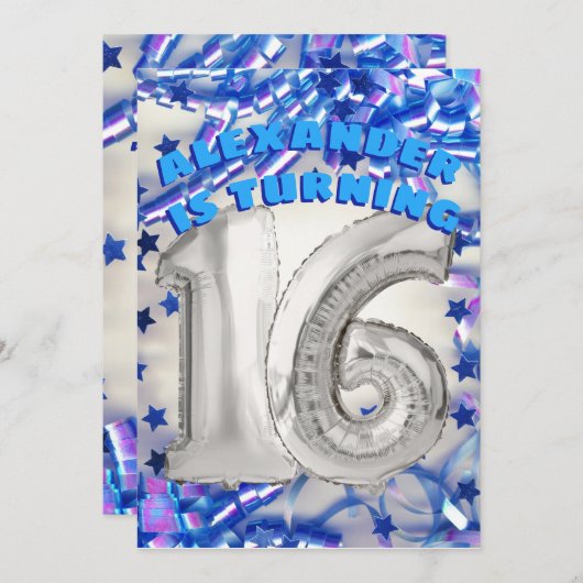 Blue Ribbon & Stars Confetti 16th Birthday Party Kaart (Voorkant / Achterkant)