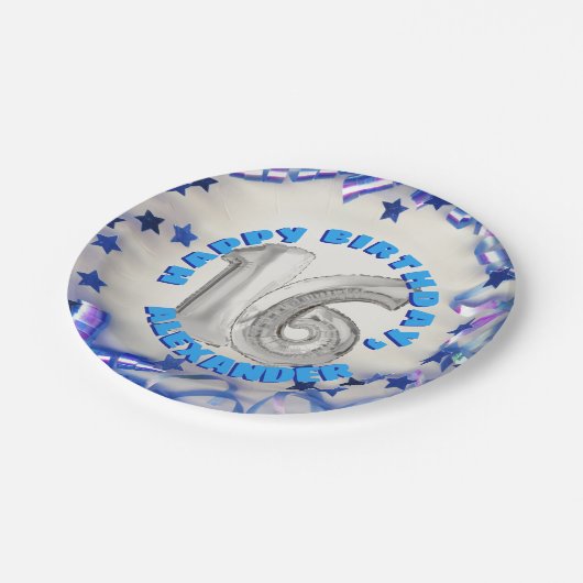 Blue Ribbon & Stars Confetti 16th Birthday Party Papieren Bordje (Gekanteld)