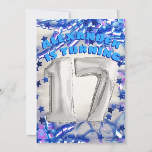 Blue Ribbon & Stars Confetti 17th Birthday Party Kaart (Voorkant)