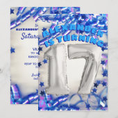 Blue Ribbon & Stars Confetti 17th Birthday Party Kaart (Voorkant / Achterkant)