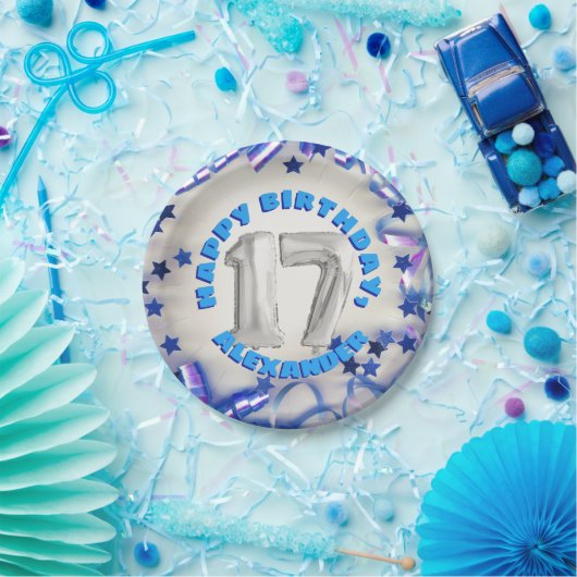 Blue Ribbon & Stars Confetti 17th Birthday Party Papieren Bordje (Feest)