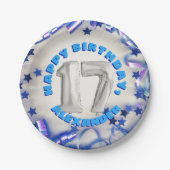 Blue Ribbon & Stars Confetti 17th Birthday Party Papieren Bordje (Voorkant)
