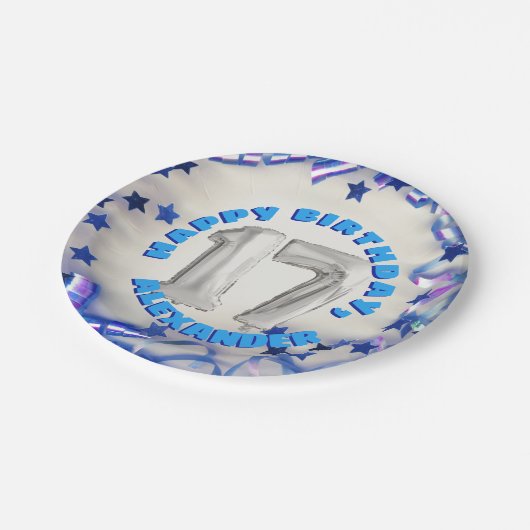 Blue Ribbon & Stars Confetti 17th Birthday Party Papieren Bordje (Gekanteld)