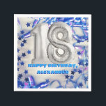 Blue Ribbon & Stars Confetti 18e verjaardagsfeestj Servet<br><div class="desc">Vier zijn achttiende verjaardag in stijl met deze leuke en feestelijke papieren servetten voor verjaardagsfeestjes. Deze verjaardagsfeestservetten zijn voorzien van een zilveren nummer achttien gevormde heliumballonnen grafisch en feestelijk blauwe confetti. Personaliseer deze 18e verjaardagsfeestbenodigdheden eenvoudig met jouw naam met behulp van de vulling in het lege veld sjabloon. Ze zijn...</div>