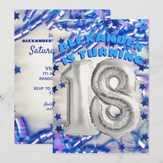 Blue Ribbon & Stars Confetti 18th Birthday Party Kaart (Voorkant / Achterkant)