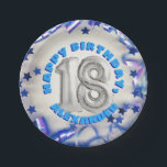 Blue Ribbon & Stars Confetti 18th Birthday Party Papieren Bordje<br><div class="desc">Viel zijn achttiende verjaardag in stijl met deze leuke en feestelijke borden op verjaardagsfeestdagen. Deze borden van verjaardagsfeestjes zijn voorzien van een zilveren getal van achttien gevormd heliumballonnen, grafisch en feestelijk blauw confetti. Pas deze 18e verjaardagsvoorziening eenvoudig aan met jouw naam met behulp van de vulling in het lege veld...</div>