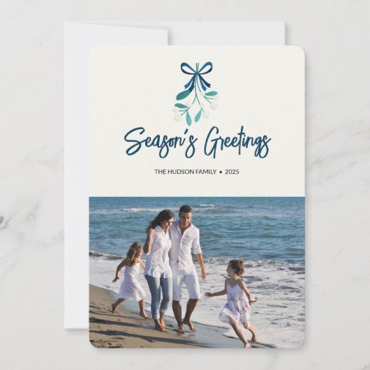 Blue Ribbon Tied Mistletoe Feestdagenkaart (Voorkant)