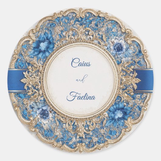 Blue Ribbon Victoriaans Bloemen Wedding Sticker (Voorkant)