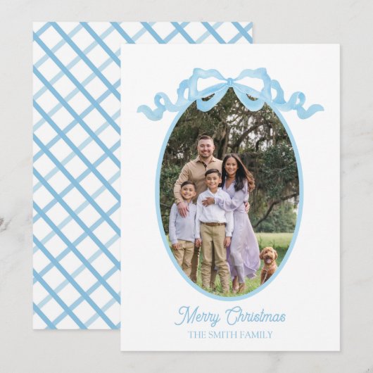 Blue Ribbon Waterverf Vakantie Label Kaart (Voorkant / Achterkant)