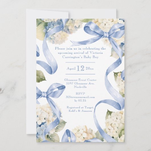 Blue Ribbons & Hydrangeas Boy Baby shower Kaart (Voorkant)