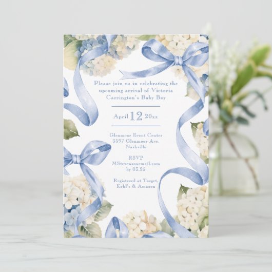 Blue Ribbons & Hydrangeas Boy Baby shower Kaart (Staand voorkant)