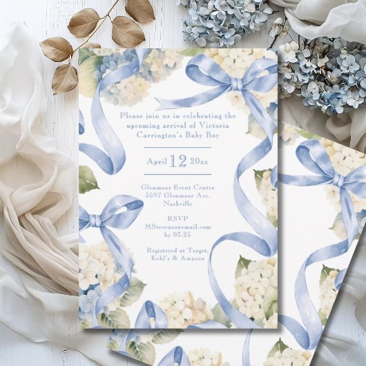 Blue Ribbons & Hydrangeas Boy Baby shower Kaart