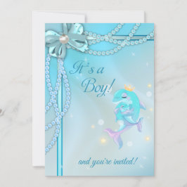 Blue Ribbons Lace Pearls Dolphin Boy Baby shower Kaart