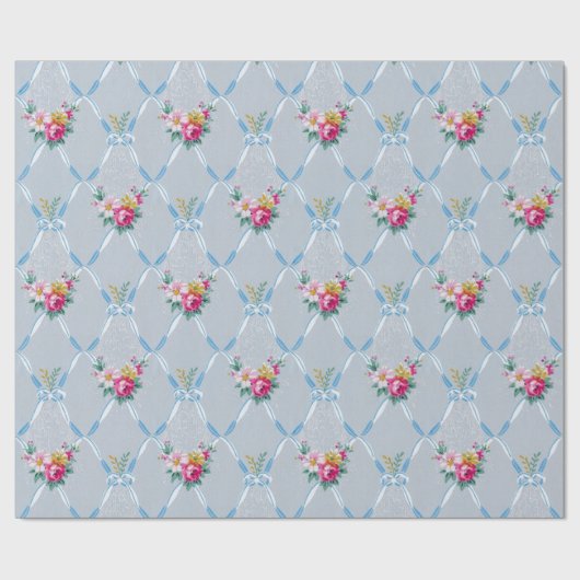 Blue Ribbons Roos Floral Wallpaper Cadeaupapier (Vlak)