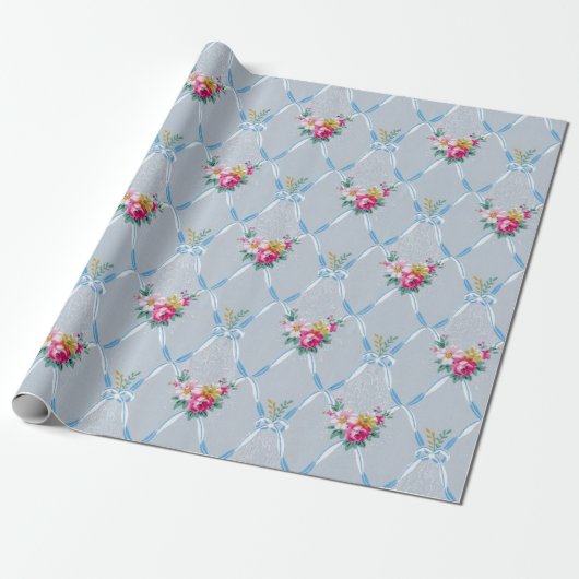  Blue Ribbons Roos Floral  Wallpaper Cadeaupapier (Uitgerold)