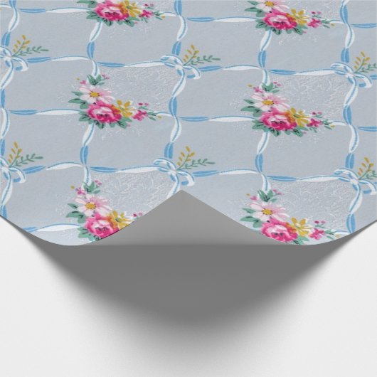  Blue Ribbons Roos Floral  Wallpaper Cadeaupapier (Hoek)
