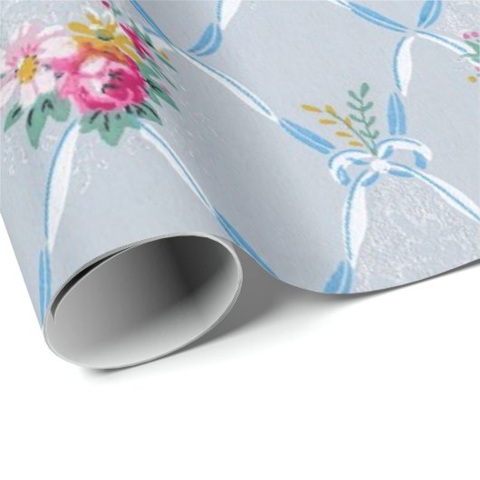  Blue Ribbons Roos Floral  Wallpaper Cadeaupapier (Rol Hoek)