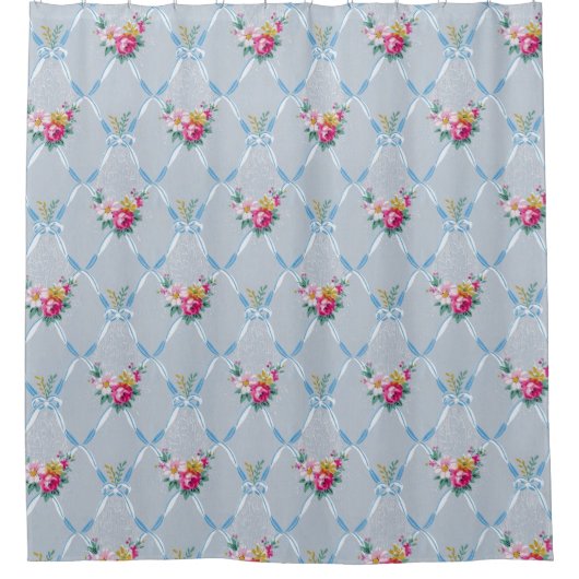  Blue Ribbons Roos Floral  Wallpaper Douchegordijn (Voorkant)
