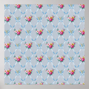 Blue Ribbons Roos Floral  Wallpaper Poster
