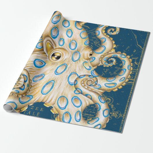 Blue Ring Octopus Indigo Vintage Map Nautical Cadeaupapier (Uitgerold)