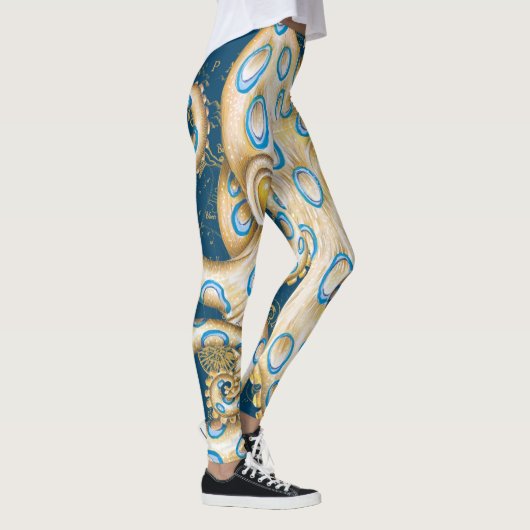 Blue Ring Octopus Indigo Vintage Map Nautical Leggings (Rechts)