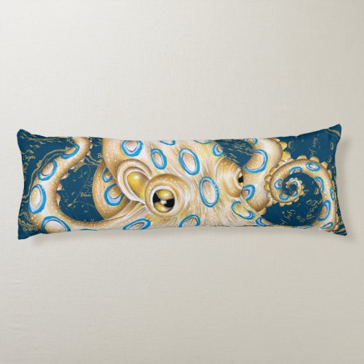 Blue Ring Octopus Indigo Vintage Map Nautical Lichaamskussen (Achterkant)