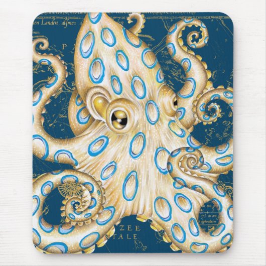 Blue Ring Octopus Indigo Vintage Map Nautical Muismat (Voorkant)