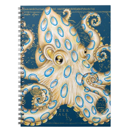 Blue Ring Octopus Indigo Vintage Map Nautical Notitieboek (Voorkant)