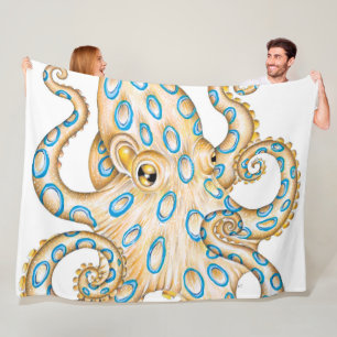 Blue ring Octopus on White Ink Fleece Deken
