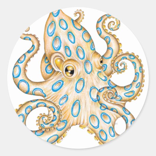 Blue ring Octopus on White Ink Ronde Sticker (Voorkant)
